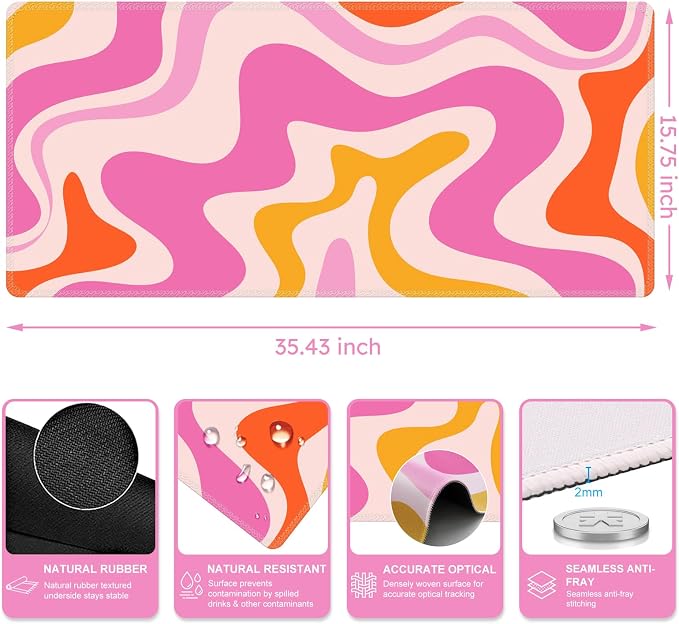 iCasso Large Mouse Pad (35.4x15.7 in), Keyboard Mouse Mat Desk Pad for Work | Desk Mat Gaming Mousepad with Stitched Edges, Game, Office, Home-Pink Topographic