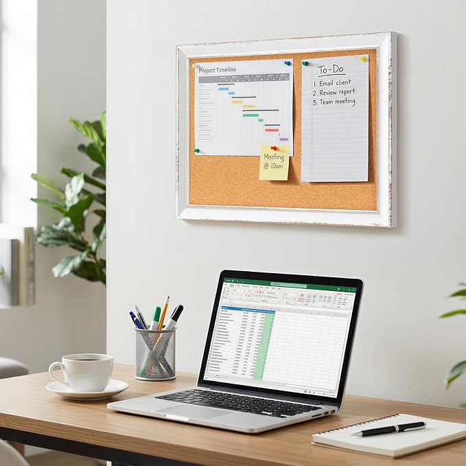 DOLLAR BOSS Distressed White Cork Board, 18"x12" Bulletin Board | Hand-Finished Rustic Frame, Vintage Farmhouse Pin Board, For Office & Home Decor, Includes Pins & Hanging Hardware