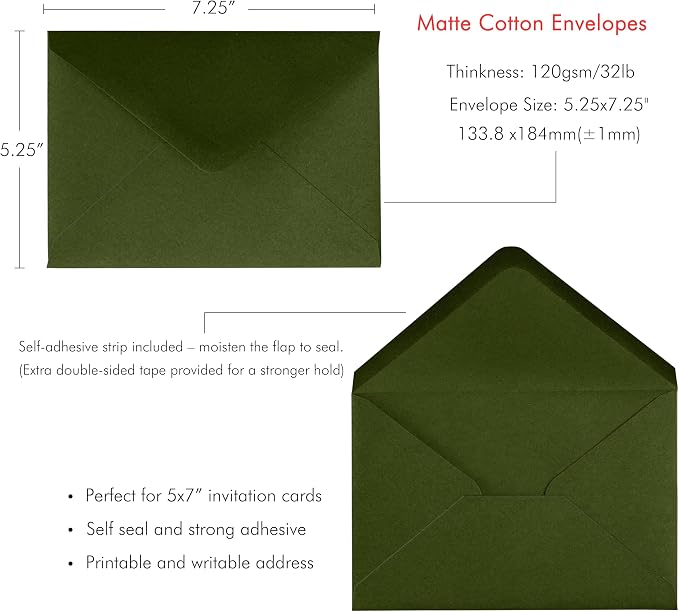PONATIA 50 PCS/Pack A7 Envelopes, 5.25 x 7.25'' Olive Green 5x7 Envelopes for Weddings Invitation Cards, Christmas Gift Cards, Acrylic Invitations, Photos and Any 5x7" Inserts