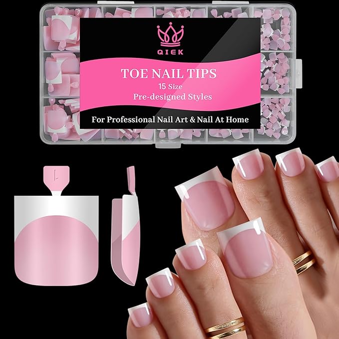 Toe Nails Press On French Tips for Women, 15 Sizes 150 Pcs Sharp Square Pre-applied Primer & Base Coat Toenail Press Ons Baby Pink Full Cover Fake Tips Extension