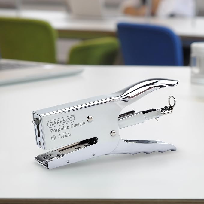 Rapesco 1298A Porpoise Classic Stapling Plier, 45 Sheet Capacity, Chrome | Includes 10,000 Standard 5/16" Staples, All-Metal Construction, Rotating Anvil for Pinning, Rear-Loading, for Office