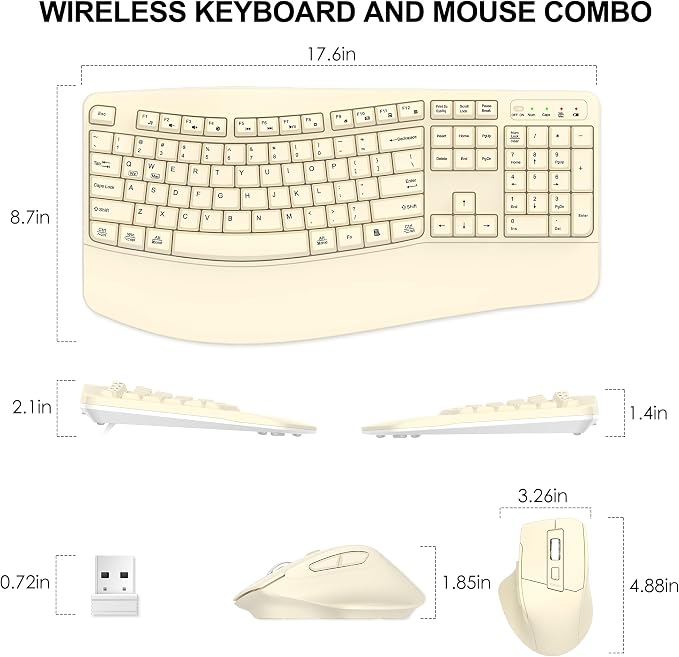 Wireless Keyboard and Mouse Combo, 2.4G Ergonomic Wave Keys (Latte) | Full Size Wave Keyboard with Wrist Rest, 3-Level DPI Adjustable Ergonomic Mouse for Windows and Mac OS Desktop/Laptop/PC