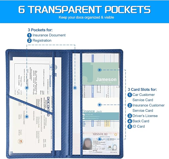 JUSTTOP 2Pack Car Registration and Insurance Holder,Car Document Holder for Cards License with Magnetic Shut,Vehicle Glove Box Car Organizer for Documents, Cards, License(Carbon Fiber Blue)