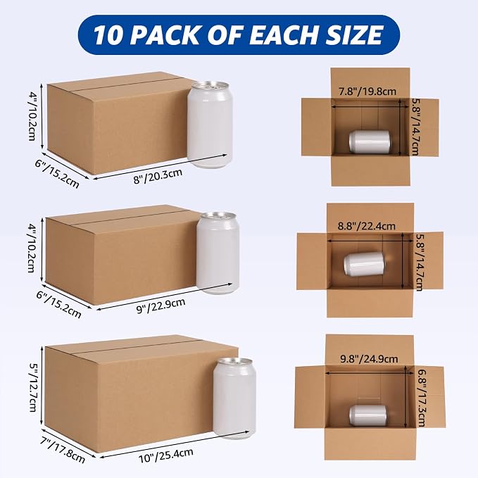 CRUGLA Assorted Sizes Shipping Boxes 30 Pack (10x7x5, 9x6x4, 8x6x4), Corrugated Cardboard Mailers, Each 10 PCS Small Boxes for Small Business Packaging, Shipping & Storage