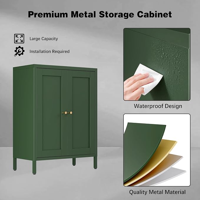 Bevivog Small Bathroom Storage Cabinet, Green Metal Locker Cabinet with 2 Doors and 2 Adjustable Shelves, Metal Floor Cabinets Sideboard for Home Office, Living Room, Hallway, Entryway