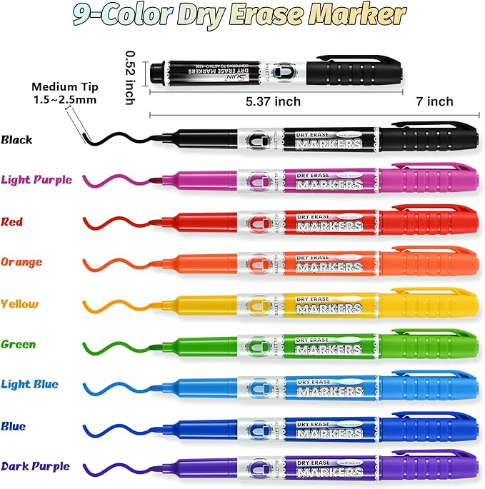 SUIN 9 Colors Dry Erase Markers - Low Odor, Non-Toxic, Slim Whiteboard markers, Medium Fine Tip Whiteboard Pens for Officer, Classroom & Home, 9 Count