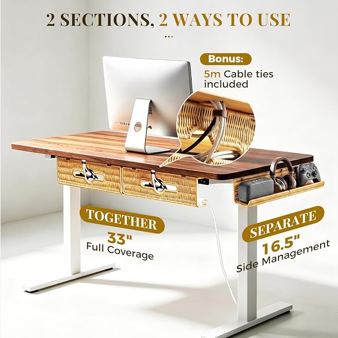 Handmade Rattan Under Desk Cable Management Tray 2 Pack, Natural | Easy Install with Adhesive or Screws, 33"Cord Organizer with 5M Cable Ties for Office Home, Effortless Wire Management