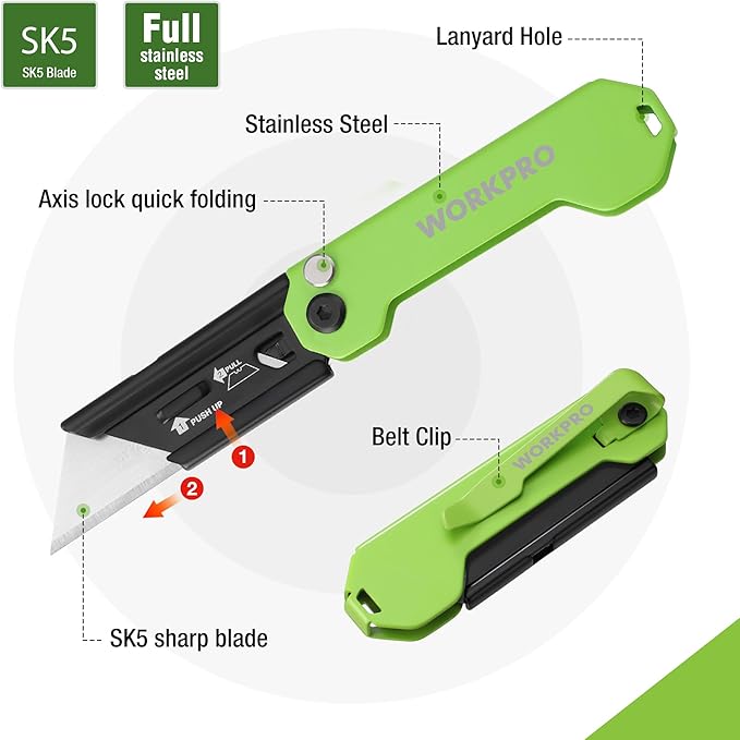 WORKPRO EDC Folding Utility Knife, Mini Box Cutter with Quick Open Axis Lock, Quick Change Blade Razor Knife, Foldable Small Pocket Knife with Belt Clip