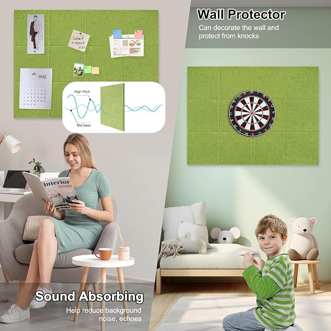 48" x 36" Large Felt Bulletin Board 1/2" Thick, Matcha Green | 12 Pack Felt Tiles, Cork Board Alternative, 60 Adhesive Tabs, Pin Board for Home Office Decor with Easy Install