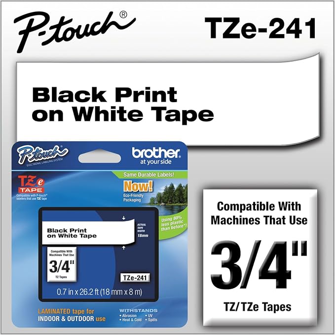 Brother Genuine P-Touch TZE-241 Tape, 3/4" (0.70") Standard Laminated P-Touch Tape, Black on White, Perfect for Indoor or Outdoor Use, Water Resistant, 26.2 Feet (8M), Single-Pack | 18mm laminated tape with 8m length and standard adhesive for organizat...