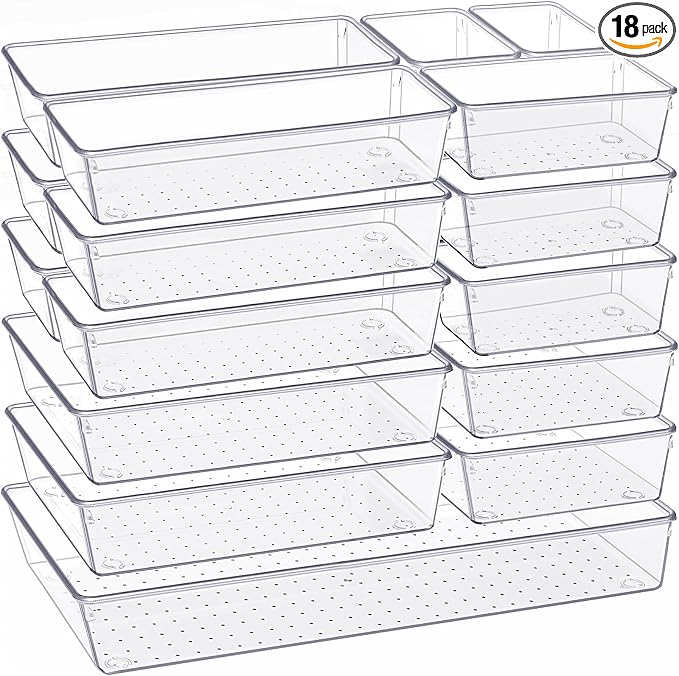 Drawer Organizer, 18 Pack Large Clear Plastic Kitchen Drawer Organizers Set, 6 Size Versatile Bathroom and Vanity Drawer Organizer Trays, Storage Bins for Makeup, Bedroom, Kitchen Utensils