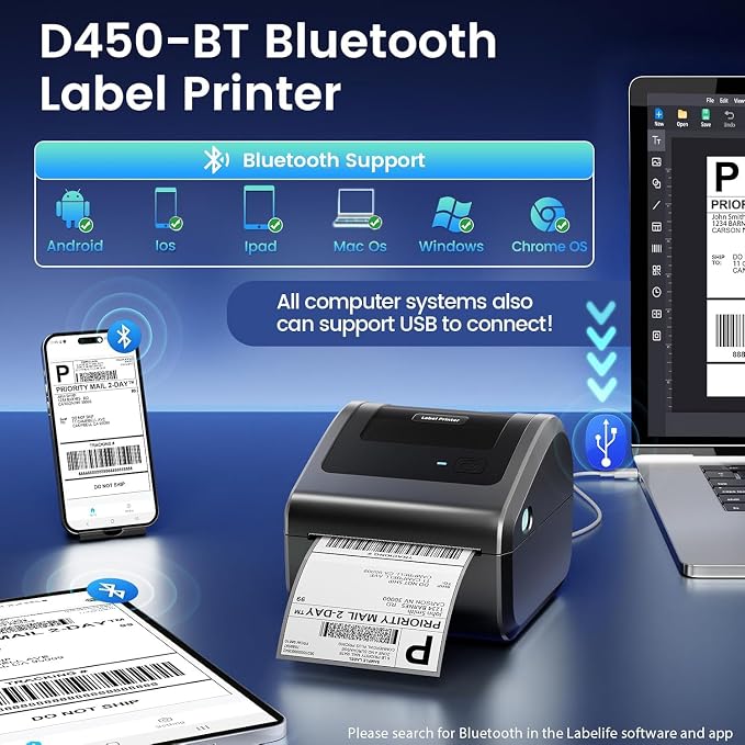 Bluetooth Shipping Label Printer with 3 Roll Labels | D450BT Thermal Label Printer 4x6 with Built-in Label Bin, Thermal Printers Come with 750PCS 4x6‬ Labels (250 Labels/Roll)
