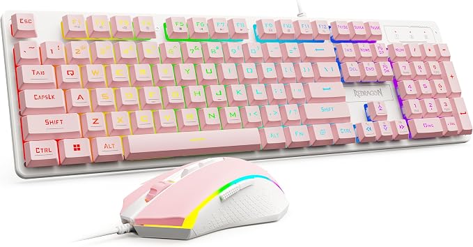 Redragon Updated S107WP Gaming Keyboard and Mouse, RGB Gaming Keyboard and 10000 DPI Mouse Combo with 25-Key Anti-Ghosting, 1K Hz Programmable Mice with Software, Plug & Play to PC, Laptop - Pink