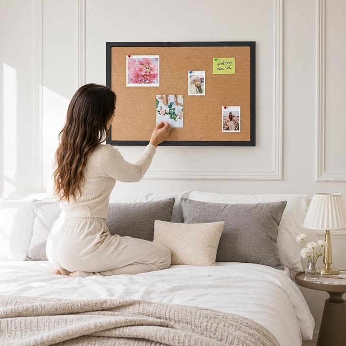 17"x23" Black Wood Framed Hanging Cork Bulletin Board | Premium quality. This large bulletin board serves as reliable corkboards for wall display.