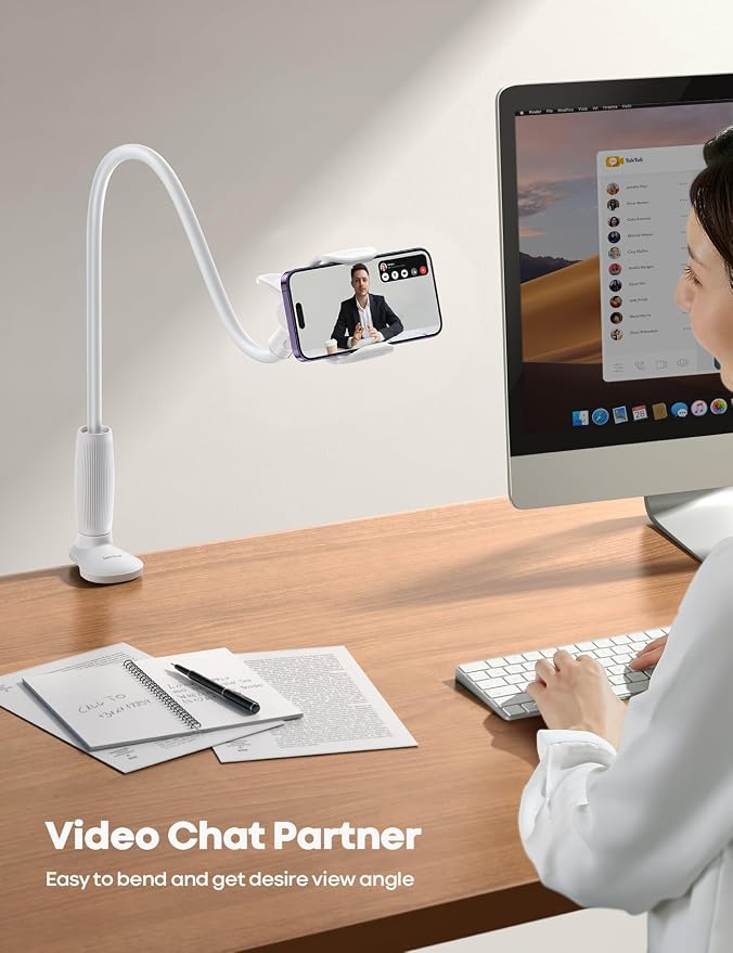 Lamicall Gooseneck Phone Holder for Bed, Stable Flexible Arm Stand for Desk | Upgraded Al-Mg Alloy Core, Secure Clamp Base, 33.4" Long Arm, Hands-Free Viewing, Bedside & Desk Use, Fits 4-7" Phones, White