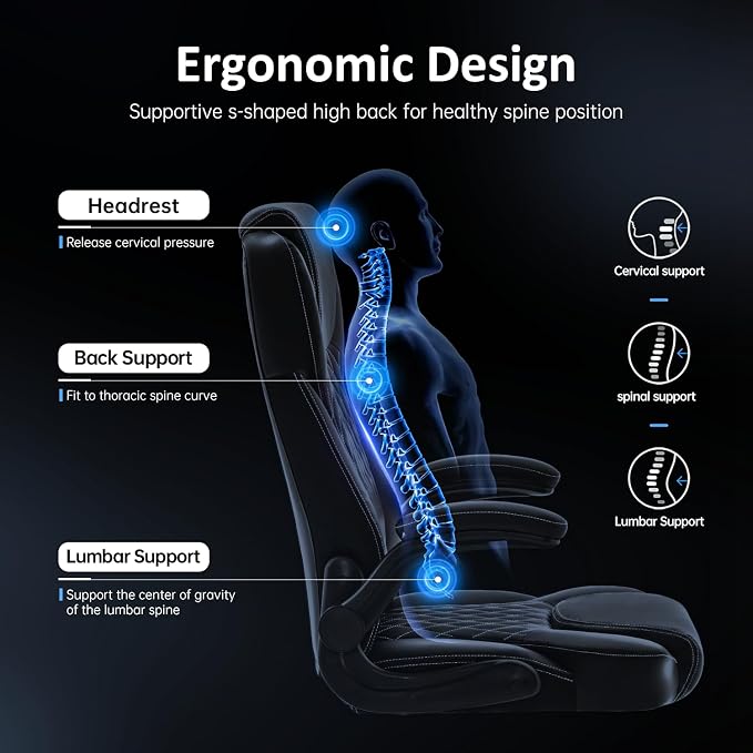 amseatec Big and Tall Office Chair, Flip-Up, Executive Desk Chair, Black | Ergonomic Leather High Back, Lumbar Support, 90 °Lock, 115° Tilt, 20 Spring Packs, 300lbs Capacity, Wide Seat/Smooth Casters