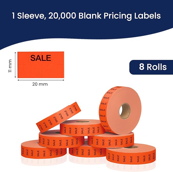 Perco Sale Fluorescent Red Pricing Labels for Monarch 1131 Price Gun - 1 Sleeve, 8 Rolls, 20,000 Price Marking Labels - with Ink Roll Included