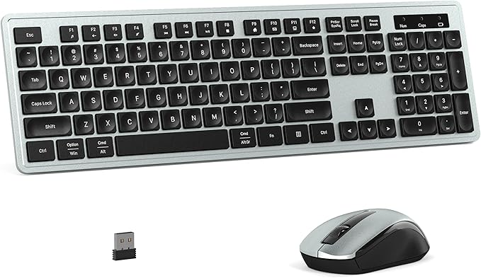 Wireless Keyboard and Mouse Combo, Full-Size 104-Key Office Keyboard with 15 Function Keys, Numeric Keypad, Single USB Receiver, Compatible with PC and Laptop(Gray)