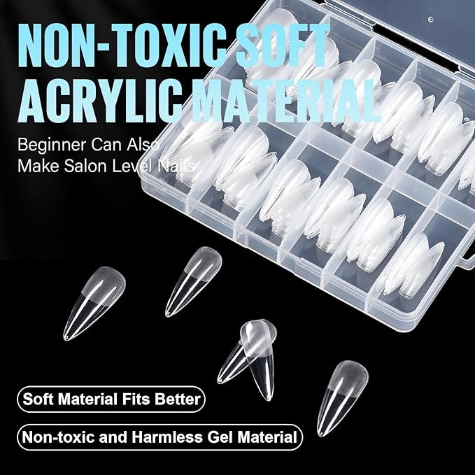 TOMICCA Long Stiletto Nail Tips 504pcs, Soft Acrylic Long Almond Nail Tips Pre Etched Clear Fake Nails Tips Almond Shape Half Matte, Full Cover Nail Extension for Beginner and Professional 12 Sizes
