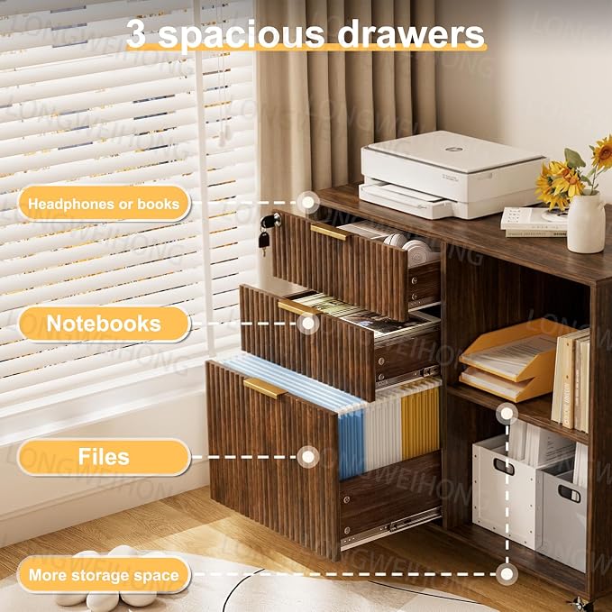 3 Drawer Fluted Mobile Filing Cabinet with Lock, Lateral Rolling Under Desk File Cabinet, Wooden Printer Stand Table for Home Office Essentials Storage Organization Furniture Letters/A4(Walnut)