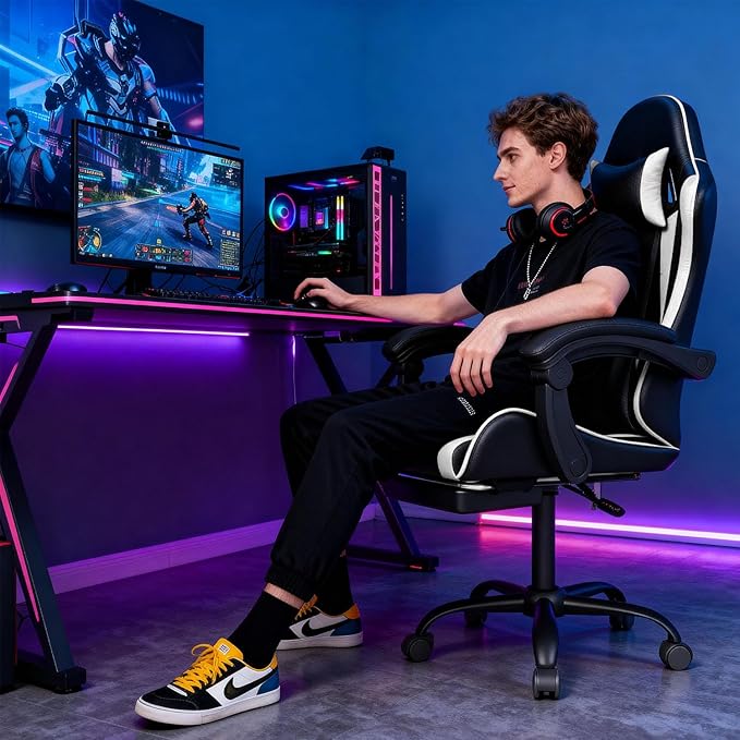 Gaming Chair with Headrest and Lumbar Support, Ergonomic High Back Office Chair, Racing Style Executive Computer Desk Chair, Leather Adjustable Swivel Task Chair for Home Office (White)