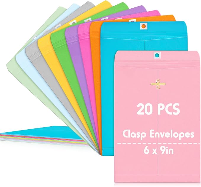 Geyee 20 Pcs Clasp Manilla Envelopes 6 x 9 Inch Gummed Colored Envelopes for Storing or Mailing for Home Office Business Supplies(Mixed Colors)
