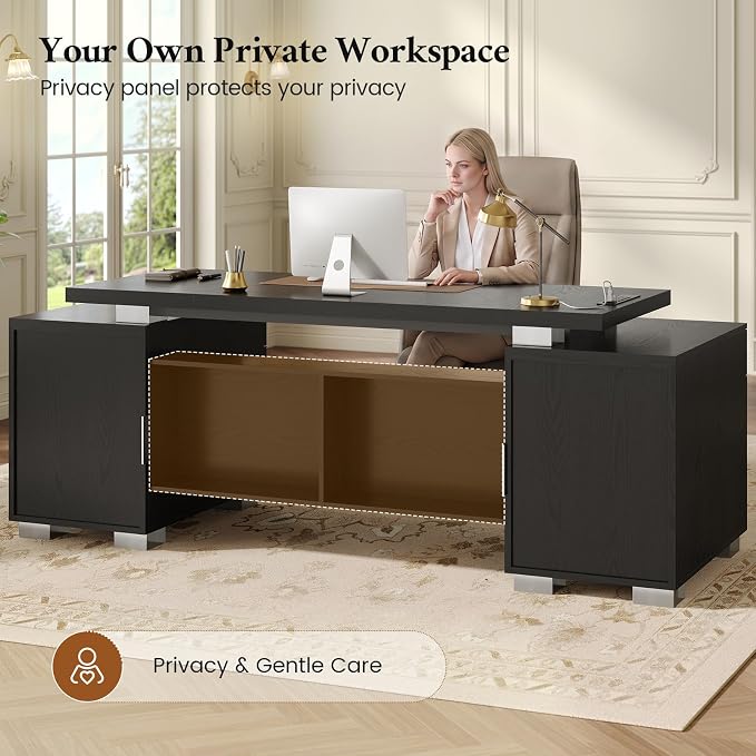 80.6" Executive Desk with Power Outlet and File Drawer, Modern Home Office Desk with 3 Large Cabinets and Privacy Panel, Business Furniture for Home Office, Living Room, Black