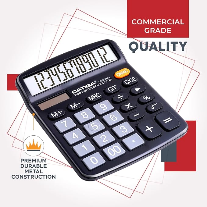 CATIGA Desktop Calculator, 12 Digit Large LCD Display, Dual Power, Sensitive Big Button, Standard Function Calculators for Office, School and Business, CD-2786 2 Pack, 2 Blacks