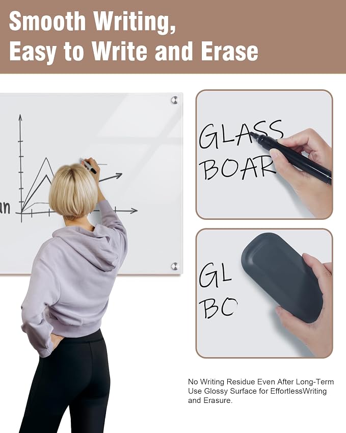 Mifuro Magnetic Glass Whiteboard，36"x24" Wall Mounted Frameless Dry Erase Board for Office, Home & School Ultra White