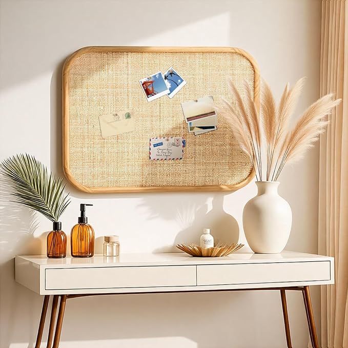 Vintage Framed Pin Board Linen Display Bulletin Board Large Ornate Fabric Picture Photo Pinboard Memo Decorative Prayer Pinboard Ornate for Wall Gift(Rectangle,20'' X 26'',Natural Rattan)