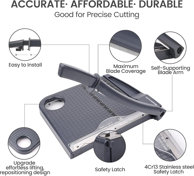 12" Paper Cutter, Precision Cut with Safety Protection and Blade Lock, 12 Sheets Capacity, Great for Cardstock, Cardboard, Photo, Vinyl, Crafts, Scrapbook (Grey)