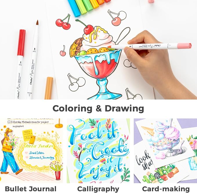 Ohuhu Adult Coloring Book Markers Paper-friendly Water-Based 60 Colors-Pupe | Coloring Markers No Peeling Dual Brush Fine Tips Ohuhu Markers No Bleeding Drawing Pens for Kids Adults Beginner Calligraphy