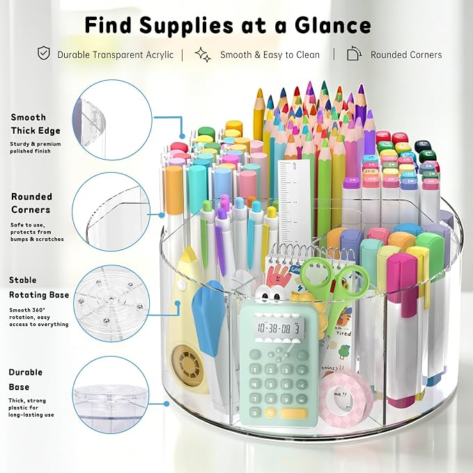 Acrylic Rotating Pencil Holder, 360° Clear Pen & Marker Organizer | Crayon Art Supply Organizer with 6 Compartments and Carry Handle for Desk, Home, Office, Classroom
