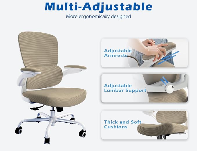 TRALT Ergonomic Office Chair Desk Chair with Adjustable Lumbar Support | Desk Chair Comfy with Flip-up Armrests Ergonomic Chair - Mesh Computer Chairs for Adults, 330lbs, PU Leather (Khaki, 1)