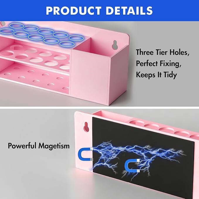 Wall Mounted Magnetic Dry Erase Marker Holder for White Board | Acylic Strong Magnet Pen Holder for Fridge&Refrigerator, Pencil Holder for Classroom, Office, Locker Organizer-Pink