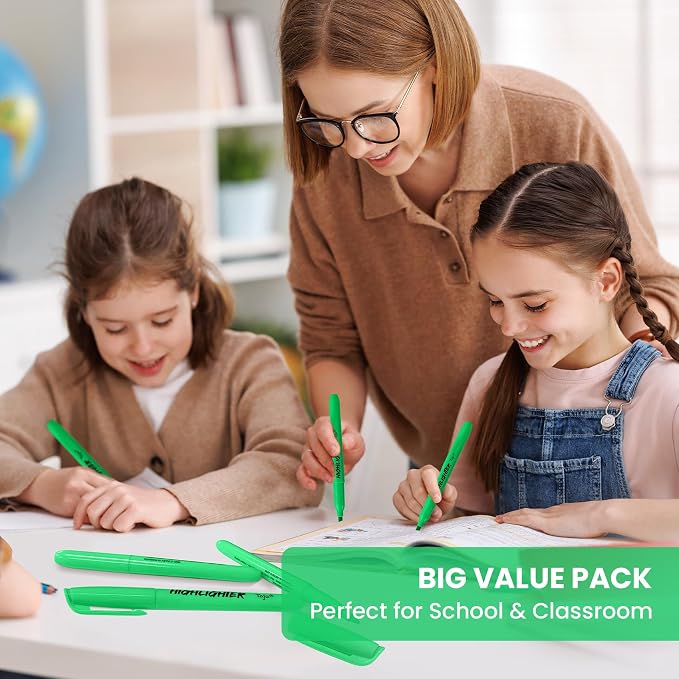 Taja 30 Pack Highlighters, Green, Chisel Tip with No Bleed Ink | Highlighters with Smooth Broad & Precise Lines, Ideal for Journaling & Note Taking, Study Essentials and Office Supplies