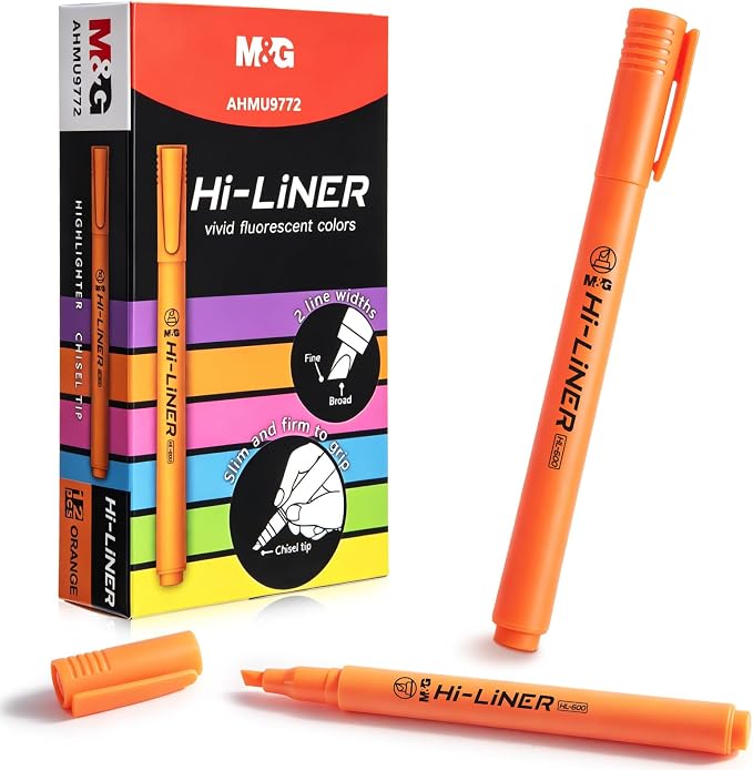 M&G Liner Highlighters, 12-Count Pack Orange Highlighters, Chisel Tip No Bleed Highlighter Pens for Office Documents, Planning, and Everyday Organization
