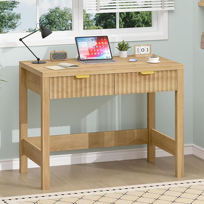 32 Inch Small Fluted Computer Desk with 2 Drawers for Bedroom, Home Office | Small Wooden Computer Desk with Storage, Compact Writing Study Vanity Desk for Small Spaces, Oak