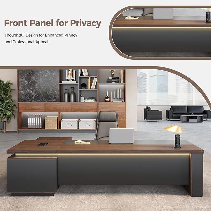 95" L-Shaped Executive Desk with Reversible Return, Locking Drawers, Built-in Power Outlet & LED Accent Light, Modern Office Desk with Storage and Privacy Panel, Walnut & Graphite Gray