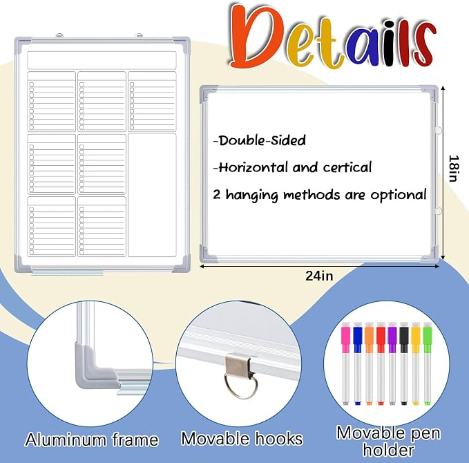 24" x 18" Magnetic to Do List Whiteboard, Weekly Planner, White | Large Weekly Dry Erase Board, Double-side Wall Whiteboard Calendar for Planning Drawing Memo, School Home Kitchen Office