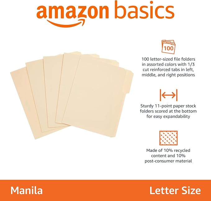 Amazon Basics Sturdy File Folders with Reinforced Tabs for Filing and Organization, 1/3-Cut Tab, Assorted Positions, Letter Size, 8.5x11 inches, Manila, 100-Pack