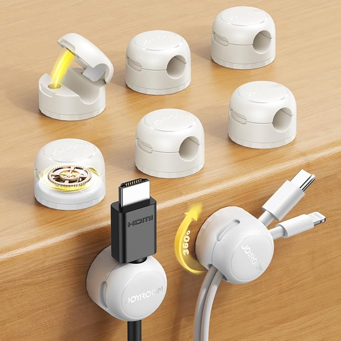 JOYROOM 8 Pack Magnetic Cable Clips, 360° Swivel Cord Organizer Wire Holder | Strong Adhesive Rotatable Cable Management Accessories for Home Nightstand Phone Charger Car Wall Office Desk Organization