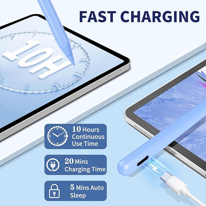 iPad Pencil for 9th & 10th Generation, Fast Charge Stylus Pen for Palm Rejection and Tilt Sensitivity, Compatible with iPad Pro 11/12.9in, Mini 5/6, iPad 6/7/8/9/10, Air 3/4/5 (Blue)