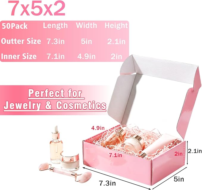 7"x5"x2" Glossy Pink Shipping Boxes, 50 Pack Corrugated Cardboard Mailing Boxes for Small Business Packaging, Shipping Phone Cases, Stationery