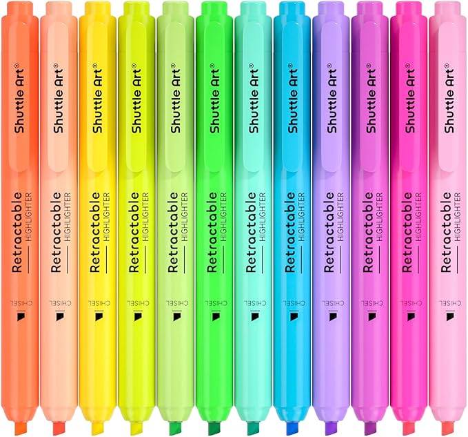 Shuttle Art Retractable Highlighters Assorted Colors, 12 Colors(6 Pastel & 6 Neon)Chisel Tip Fluorescent Markers, Quick-Dry Aesthetic Highlighter Pens for Kids Teens Adults, Perfect for School Office