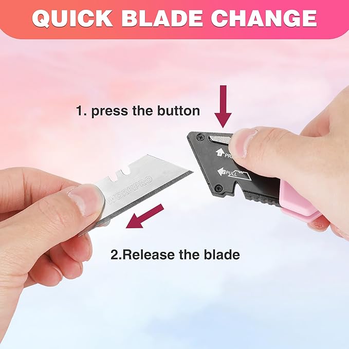 WORKPRO Folding Utility Knife, Quick Change Box Cutter, Pink Razor Knife for Cartons, Cardboard, Boxes, 10 Extra Blades Included - Pink Ribbon