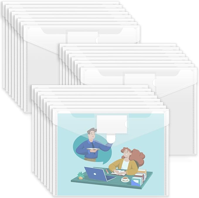 Sooez 24 Pack Plastic Envelopes Poly Envelopes, Clear Document File Folders US Letter A4 Size File Envelopes with Label Pocket for School Home Work Office Organization, Clear
