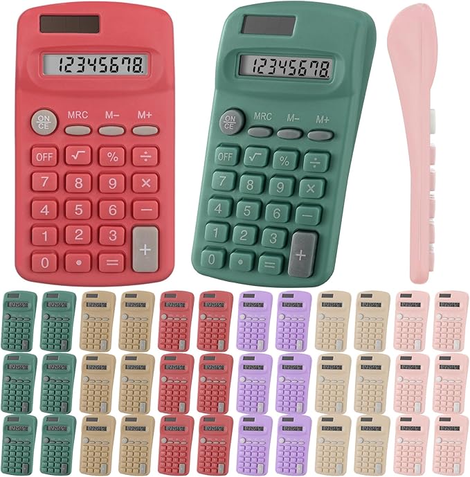 48 Pcs Pocket Size Basic Calculators Bulk for Classroom Solar Battery Dual Power Display Calculator 8 Digit Colored Basic Calculator for Kids Student School Office