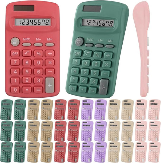 36 Pcs Pocket Size Basic Calculators Bulk for Classroom Solar Battery Dual Power Display Calculator 8 Digit Colored Basic Calculator for Kids Student School Office