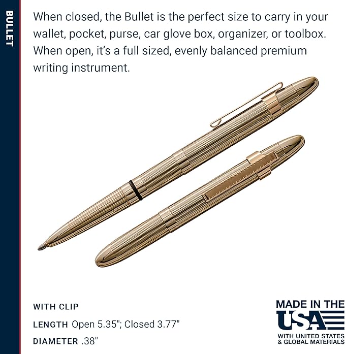 Fisher Space Pen Lacquered Brass Bullet Space Pen, Pressurized Ballpoint Pen, Compact Size, Writes Upside Down, Extreme Temperatures, Smooth Black Ink, Medium Point, Pocket Clip, Gift Box, Made in USA